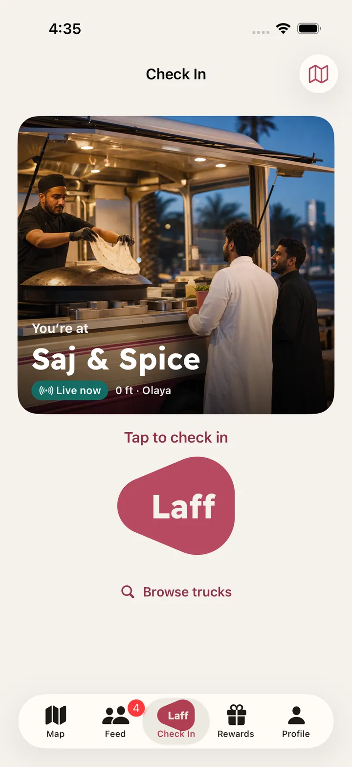 The Laff check-in screen showing the nearest live truck