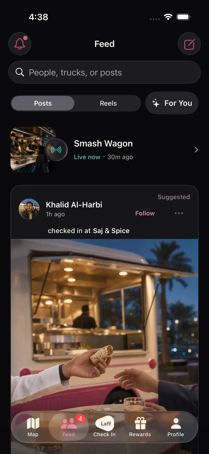 Laff feed showing live food-truck stories and check-ins