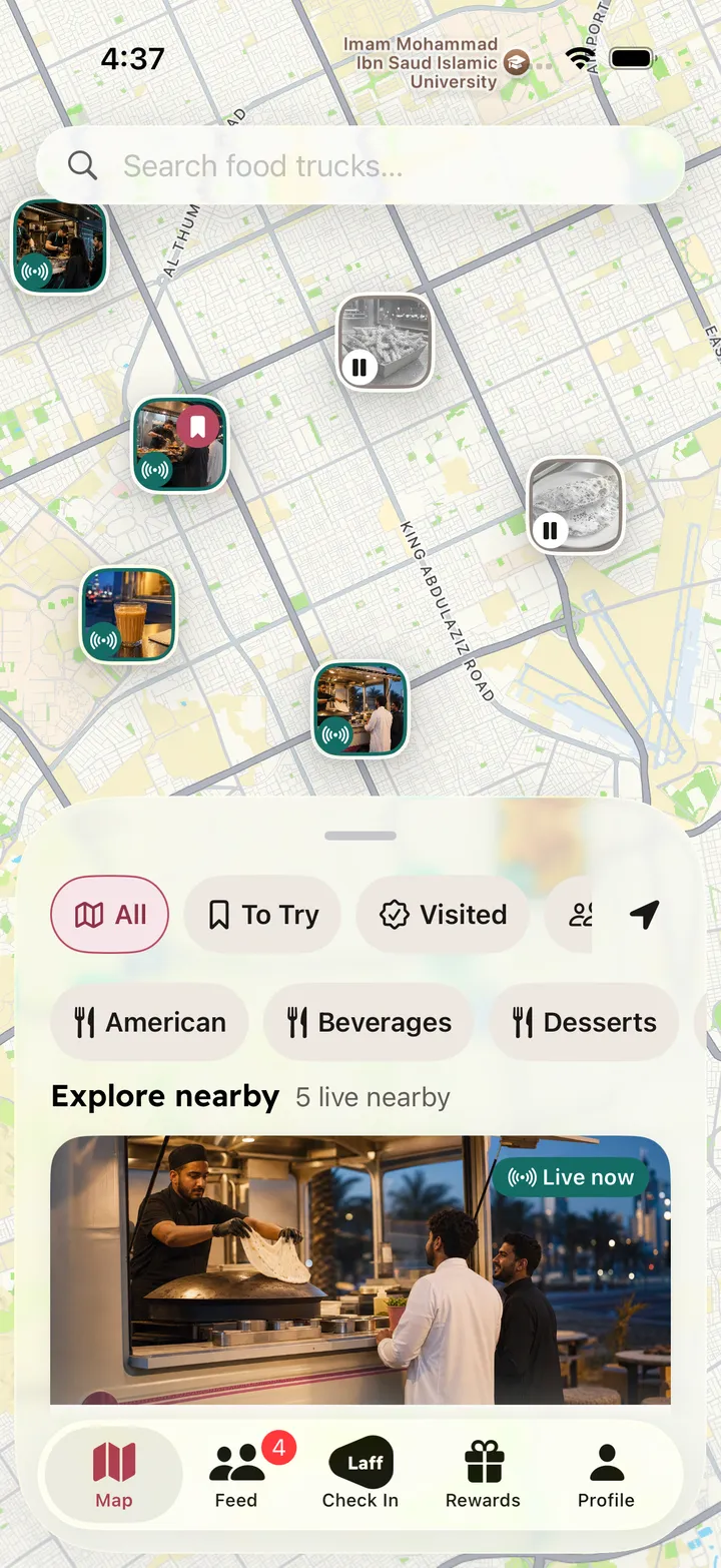 Laff map showing live food trucks around Riyadh