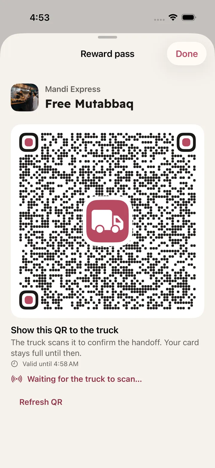 The Laff reward code ready to be scanned at the truck