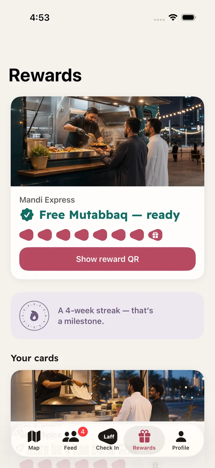The Laff rewards wallet with punch cards and the weekly streak